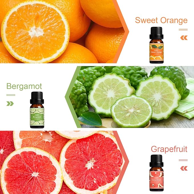 SALUBRITO Fresh Fruit Fragrance Oils Set, Essential Oils for Diffuser, Candle, Soap Making - Strawberry, Sweet Orange, Pineapple, Coconut, Bergamot, Grapefruit, 6X10ml