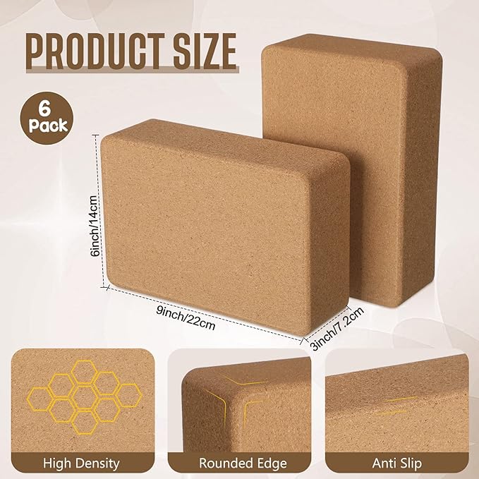 6 Pieces Cork Yoga Brick 9 x 6 x 3 Inches Non Slip Cork Yoga Block Gymnastic Yoga Cube Bricks Supportive Stretching Blocks for Exercise Pilates Workout Fitness Meditation Stability