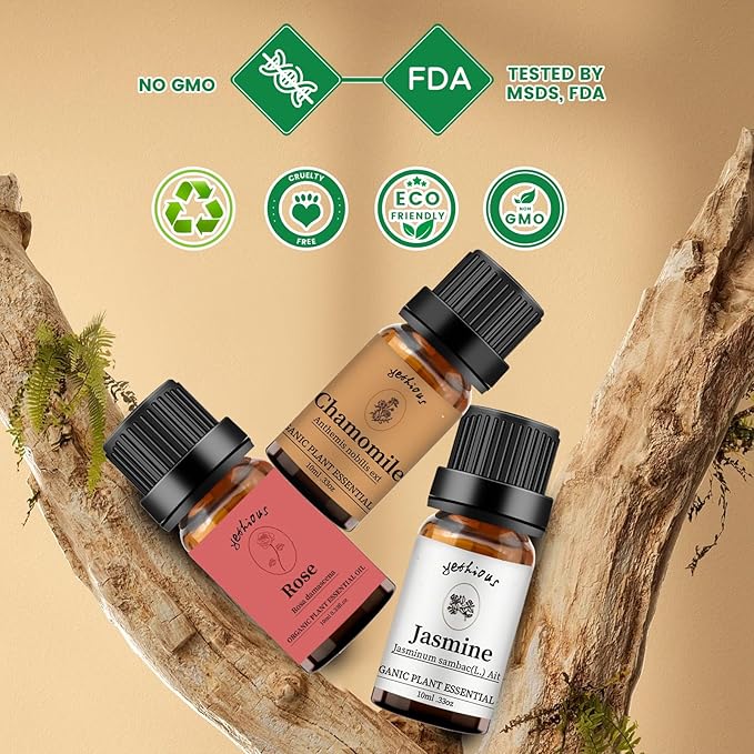 yethious Rose Jasmine Chamomile Essential Oil Set Organic 100% Pure Aromatherapy Oil for Diffuser, Soap, Candle Making 3 X 10ML