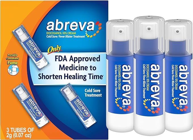 Abreva Docosanol 10% Cream Cold Sore Treatment, Fever Blister and Cold Sore Cream - 0.07 Oz Pump Bottle x 3