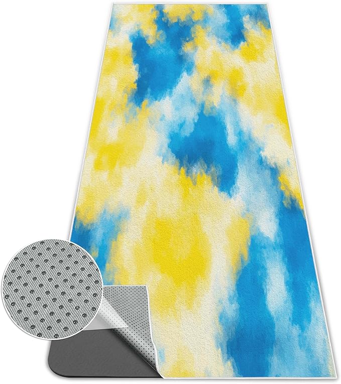 alissgorat Yoga Mat Towel,Hot Yoga Towel High-Definition Pattern,Machine Washable with Ultra-Absorbent Yoga Towels for Hot Yoga Non Slip for Fitness,Exercise,Pilates,72 x 27 in,Blue & Yellow