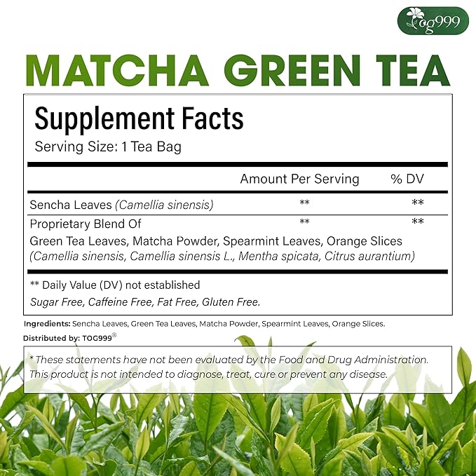 TOG999, Premium Matcha Green Tea Bags | 120 Count | Blend of Sencha, Green Tea, Spearmint & Orange Slices – Refreshing Flavor, Naturally Vibrant, No Gluten. Vegan.