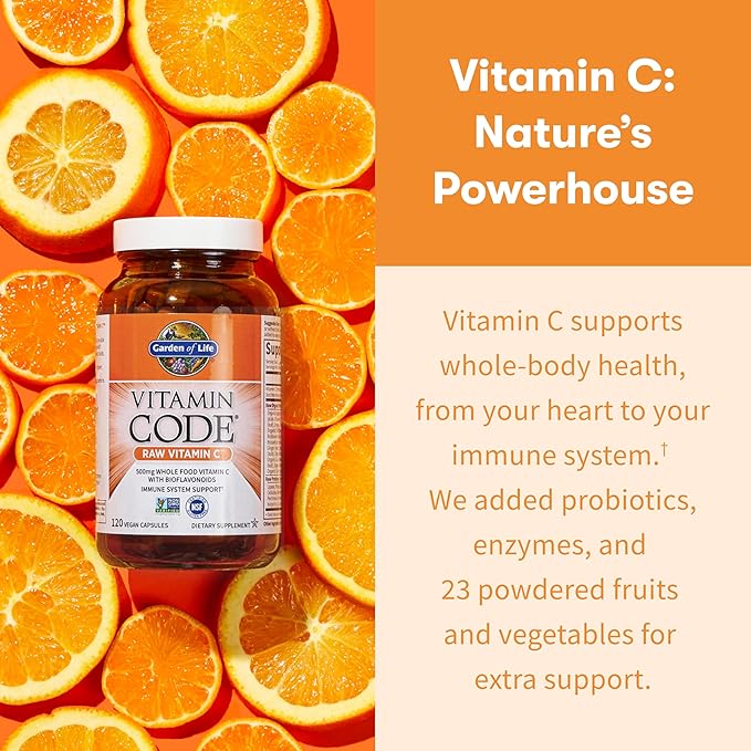 Garden of Life Vitamin Code Raw Vitamin C - 120 Capsules, 500mg Whole Food Vitamin C Capsules + Fruit & Veggie Blend & Probiotics, Supplements for Adults, Vegan, Gluten Free