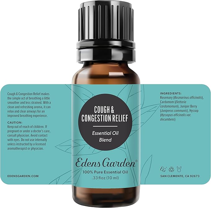 Edens Garden Cough & Congestion Relief Essential Oil Blend- 100% Pure Premium Grade, Undiluted, Natural, Therapeutic, Aromatherapy, The Best for Diffusing, Skin, Humidifiers, Candle 10 ml (.33 fl oz)