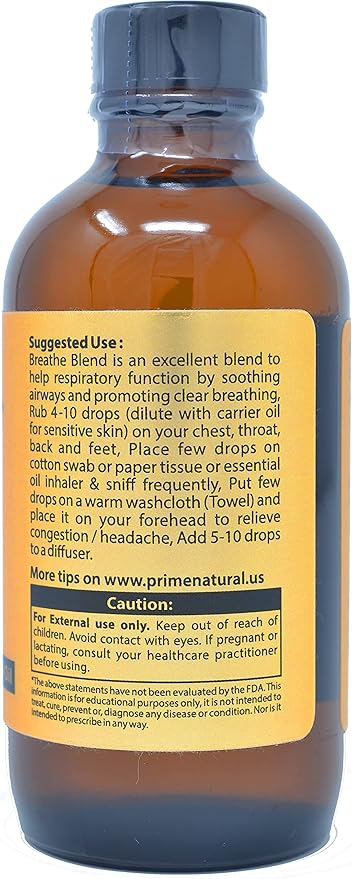 Prime Natural Breathe Essential Oil Blend 4oz - Pure, Undiluted Therapeutic Grade for Aromatherapy, Scents & Diffuser - Sinus Relief, Allergy, Congestion, Cold, Cough, Headache
