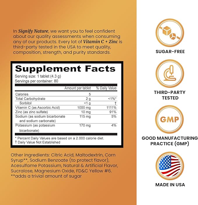 SIGNIFY NATURE Vitamin C 1000mg Effervescent Tablets - Potent Immune Support VIT C with Zinc Supplement - Sugar-Free & Vegan Formula | Dissolvable Vitamin C Tablets - Water Soluble Fizzy Elixir - 80CT