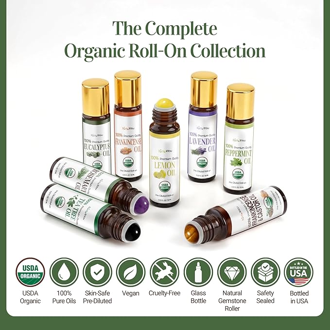 BodyJ4You Rosemary Essential Oil Roll On - Pure 100% USDA Organic MCT Coconut Oil - Natural Amethyst Stone Roller - Scalp Care Roots Temple Massage Hairline - Amber Glass Bottle Rollerball (10ml)