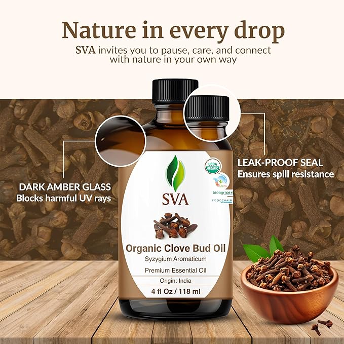 SVA Clove Essential Oil Organic – 4 Fl Oz – 100% Natural Organic Clove Oil - for Diffuser, Hair Care, Face, Skin Care, Aromatherapy, Scalp and Body Massage, Soap and Candle Making - with Dropper
