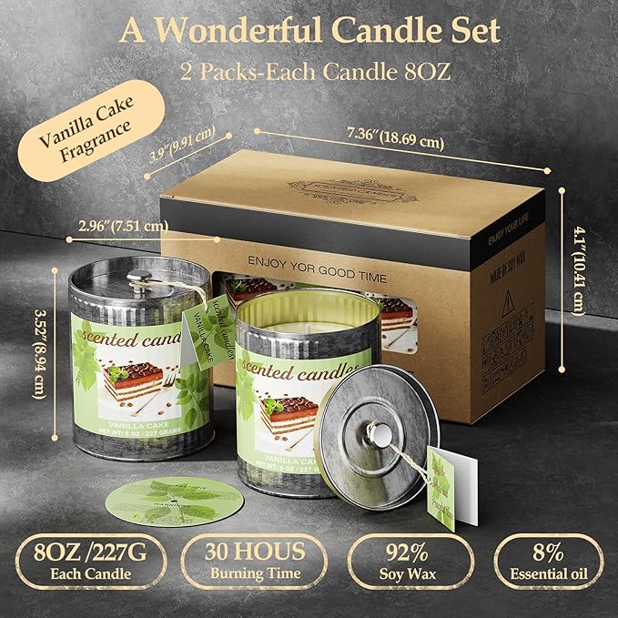 Vanilla Cake Soy Wax Scented Candles Set | 8% Essential Oil 2-Pack 454g 60H Burn Time | Smokeless Aromatherapy Jar Tin Candles for Relaxation, Sleep | Perfect Home Gift for Men/Women/Fathar's Day