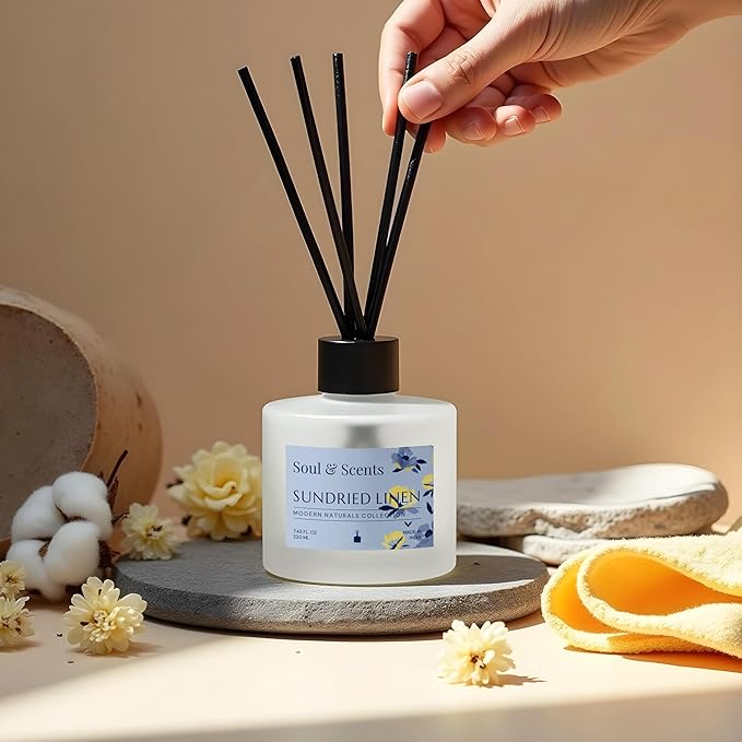 Soul & Scents Reed Diffuser Set – Sundried Linen | 7.43 oz Refillable Scented Oil with 6 Fiber Sticks | Long-Lasting Home Fragrance & Air Freshener for Bedroom, Bathroom, Office | Gift & Décor Piece