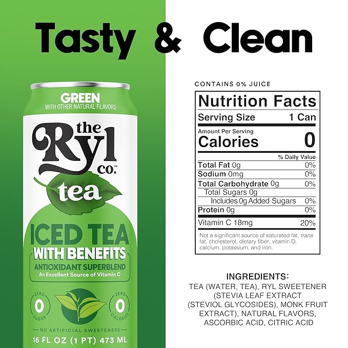Ryl Iced Tea, Green, Antioxidant Superblend, Zero Sugar, Low Carb, Zero Calorie Iced Tea, 16.0 Fl Oz (12-Pack)