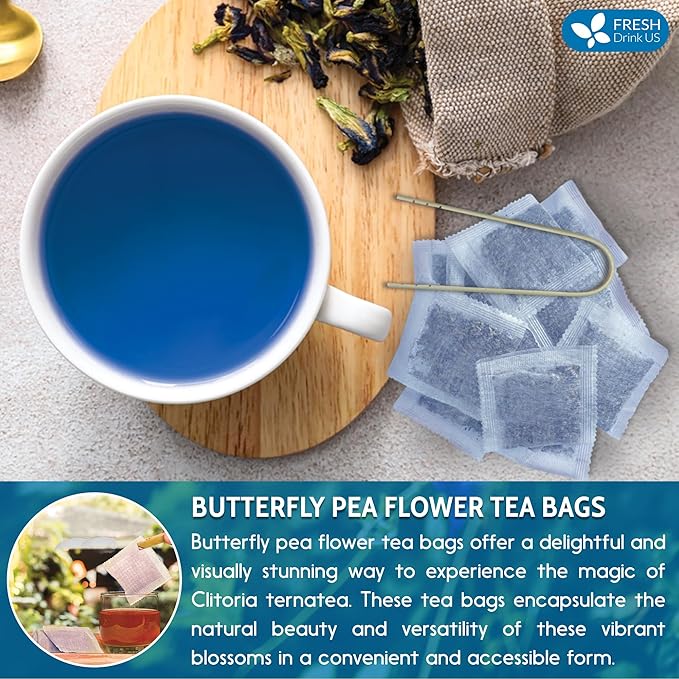 FreshDrinkUS, Premium 55 Tea Bags Blue Butterfly Pea Flowers, 100% Natural and Pure from Butterfly Pea Flowers, Made With Natural Material Tea Bag, No Sugar, No Caffeine, No Gluten, Vegan