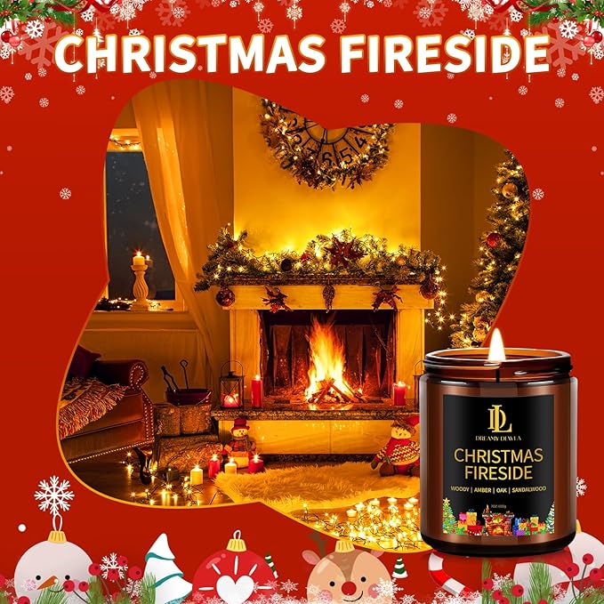Christmas Fireside Scented Candle, Natural Soy Candles for Home Scented, 7oz Holiday Candle with 50hr Burn Time, Aromatherapy Candles Christmas Holiday Gifts for Women Men