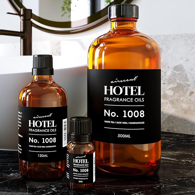 AirScent Hotel Diffuser Oil No. 1008 - White Tea, Aloe Vera & Sandalwood - Hotel Scent Dupe - Premium Fragrance Oil for Ultrasonic and Waterless Diffusers and Crafting - 10 mL, .34 fl oz Glass Bottle