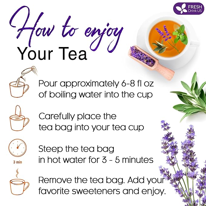 FreshDrinkUS, Premium 75 Tea Bags Lavender Mint Tea, 100% Natural, Blend of Lavender, Peppermint, Sage and Licorice. Made with Natural Material Tea Bags. No Sugar, No Caffeine, Vegan.