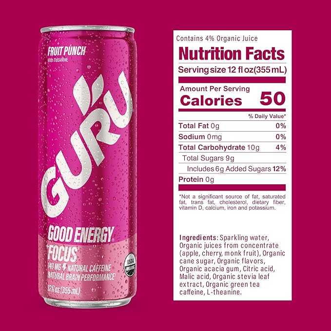 GURU Fruit Punch Organic Energy Drinks, Clean Energy Drink with Plant Based Natural Caffeine from Green Tea + Focus with L Theanine, Gluten Free and Vegan, 140MG Caffeine, 12oz (Pack of 12)