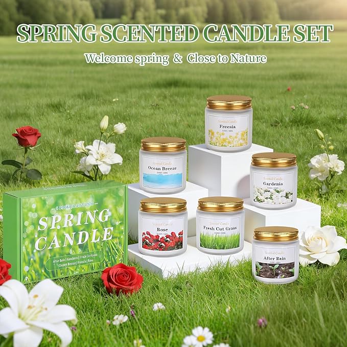 Spring Candle Set, 6 Pack Floral Scented Candles, 21 oz Soy Candles for Home Scented, Spring Gifts Set for Women & Men, Freesia/Rose/After Rain/Gardenia/Fresh Cut Grass/Ocean Breeze