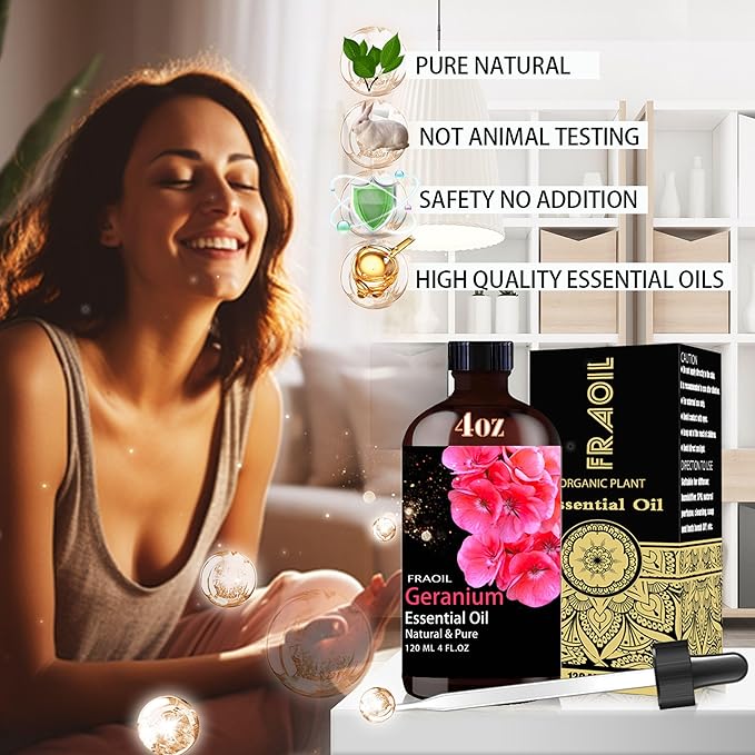 Geranium Essential Oil, Geranium Oil 4 Fl Oz 120ML for Diffuser Humidifier Yoga Cleaning DIY Candle Soap Making Perfume Gift for Women Essential Oils
