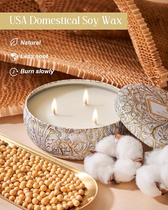 M&SENSE White Tea Scented Candles, Large 3 Wick Soy Tin Candle, Over 40 Hour Burning Time, 100% Natural Vegan Wax, Relaxing Aromatherapy Aesthetic Candle Gift for Women Men
