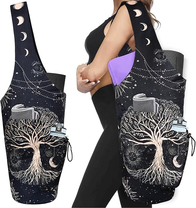 Yoga Mat Bag - Large Opening Long Tote Yoga Mat Carrier Holder Bag with Waterproof Wet Zipper Pocket and Drawstring Water Bottle Pocket - Yoga Bag Fit Most Size Mats
