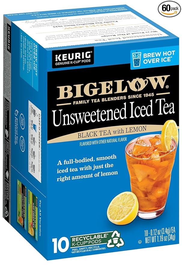 Bigelow Unsweetened Iced Black Tea with Lemon K Cups Pods, 10 Count (Pack of 6), 60 K Cup Pods Total