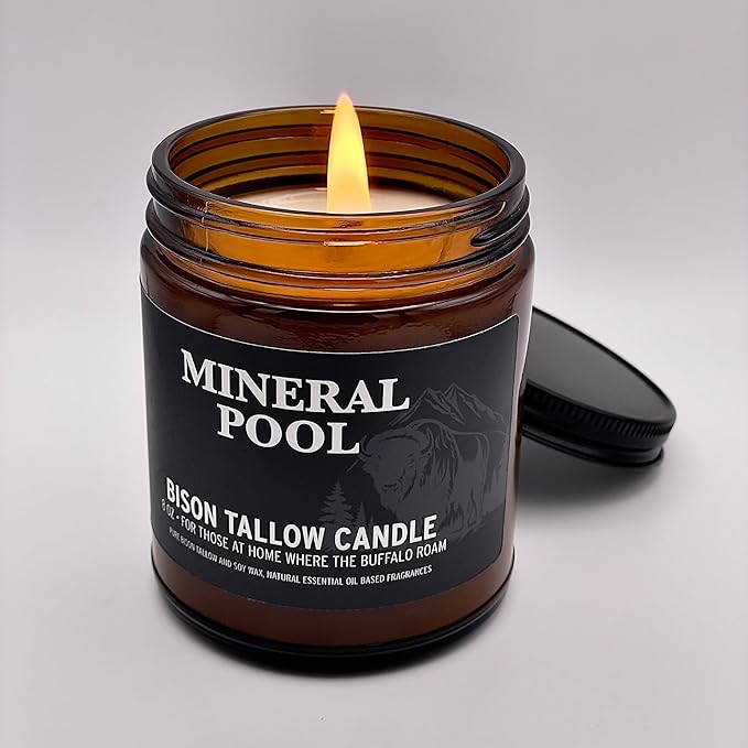 Big Crazy Buffalo Pure Bison Tallow Scented Candle, Mineral Pool, 8 oz - Scents of Himalayan Sea Salt, Moss, & Freesia - Pure, Low Smoke, Beeswax, Traditional Tallow, Glass Jar