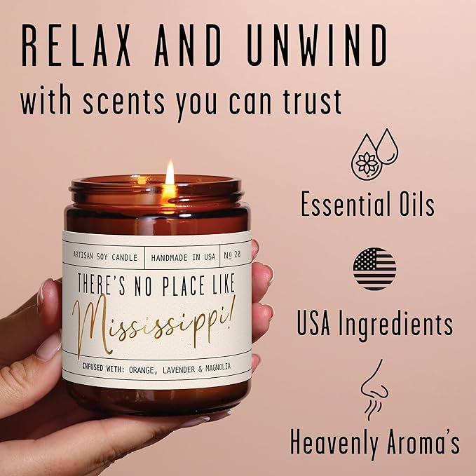 Mississippi Gifts, Mississippi Decor for Home - 'There's No Place Like Mississippi Candle, w/Citrus, Lavender & Magnolia I Mississippi Souvenirs I Mississippi State Gifts I 9oz Jar 50Hr Burn, USA Made