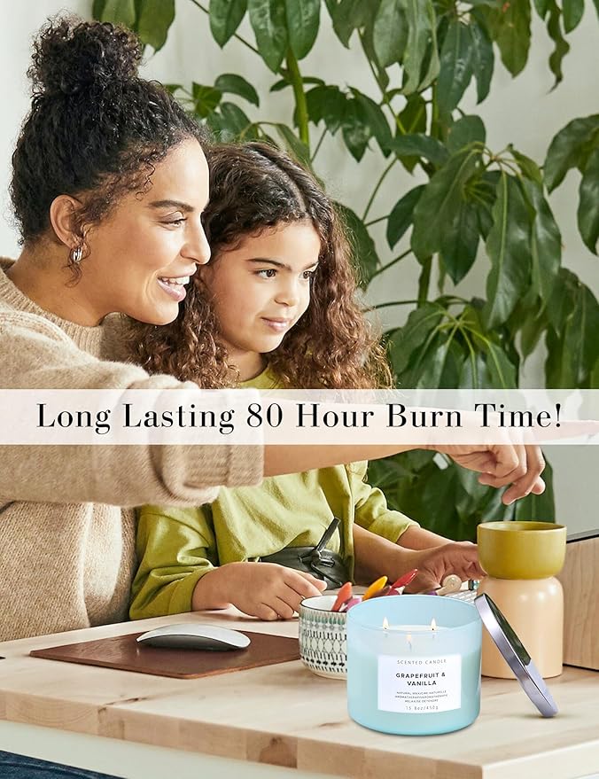 Grapefruit Vanilla 3 Wick Scented Soy Candle, 15.8 oz - Citrus & Vanilla Aromatherapy Stress Relief Candle for Home - Long Lasting Clean Burn, Highly Scented, Strong Throw - Housewarming Gift