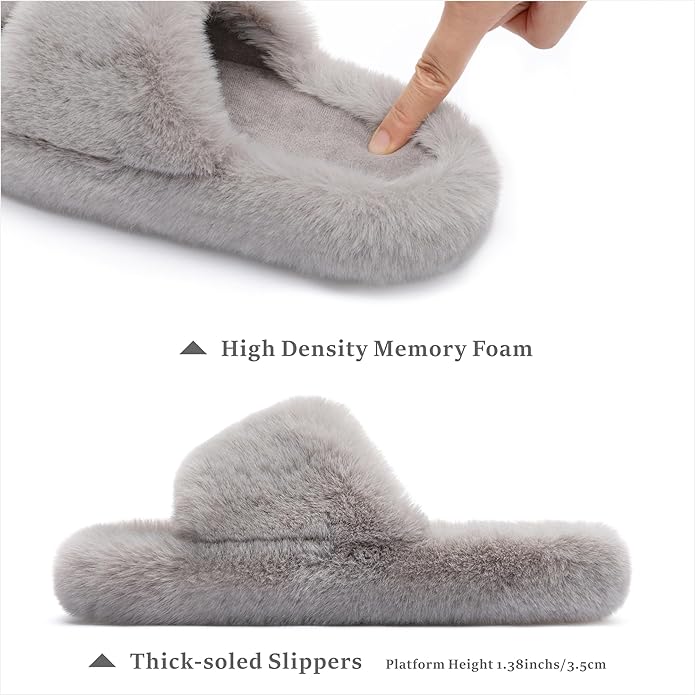 Chantomoo Women's Blue Memory Foam Faux Fur Lined Open Toe Slippers for Women - US 12