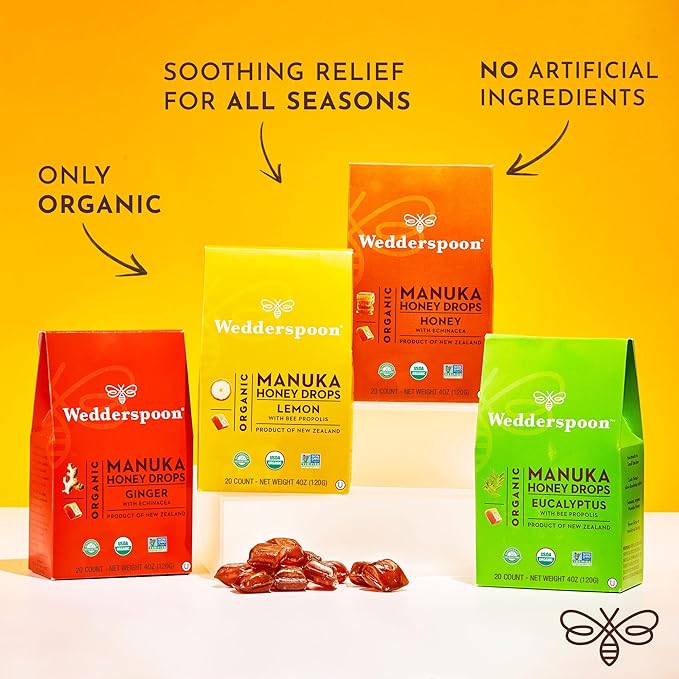 Wedderspoon Organic Manuka Honey Drops, Ginger & Echinacea, 4 oz