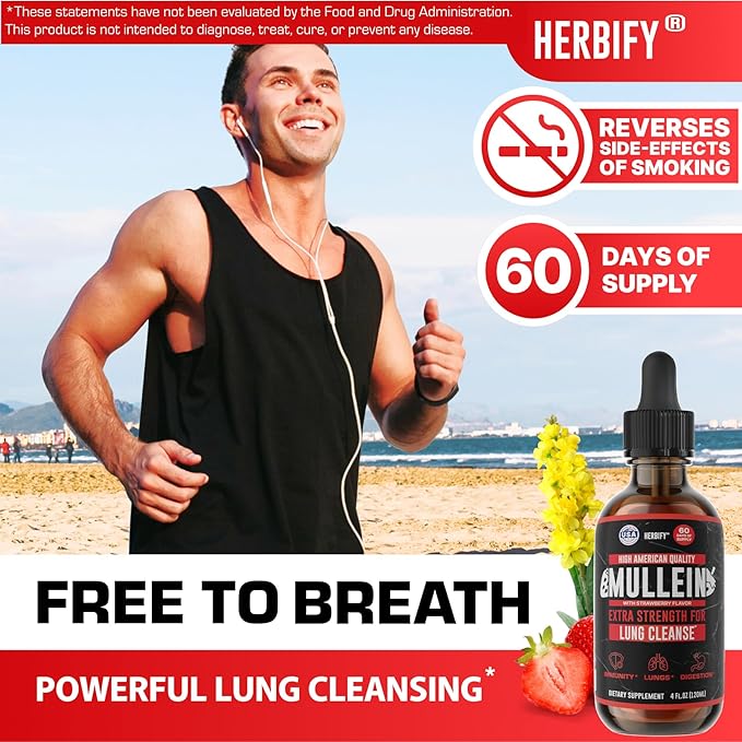 HERBIFY Mullein Drops - Lung Cleanse - Leaf Extract - Powerful Mullein for Immune Support, Detox & Respiratory Support - Made in USA - 4 Oz Strawberry Flavor
