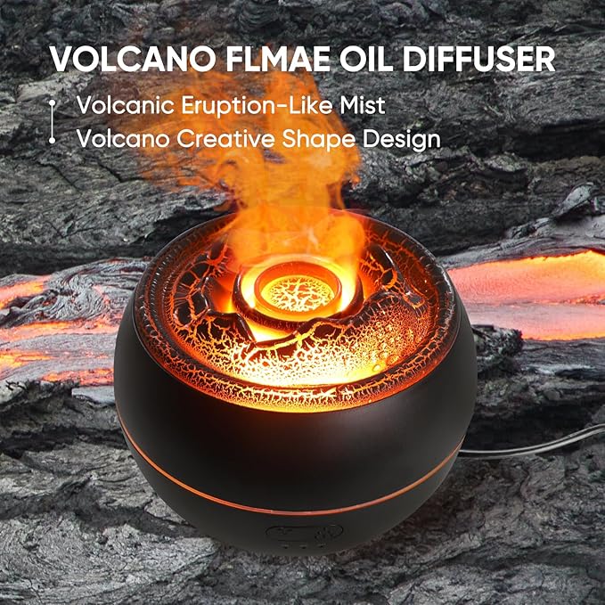 Essential Oil Diffuser, Volcano Fire Flame Aromatherapy Diffuser, 360ml Ultrasonic Cool Mist Humidifier, Scent Aroma Diffuser with 7 Colors Light, Timer & Auto Shut-Off for Home, Room (Black)