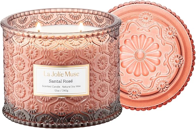 LA JOLIE MUSE Santal Rosé Candle - Saffron, Rose, Patchouli | 12 oz Large 2-Wick Soy Wax Candle | 60 Hours Clean Burn | Gift-Ready for Hosts & Gatherings | Elegant Home Décor