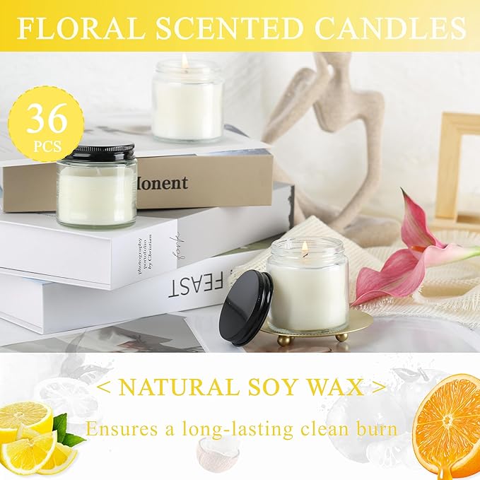 ACITHGL 36 Pcs 4oz Mini Mason Jar Candles Small Scented Candles Bulk Aromatherapy Ideal Souvenir Favors for Wedding Birthday Party (Lemon, Citrus, Coconut Milk, Black)