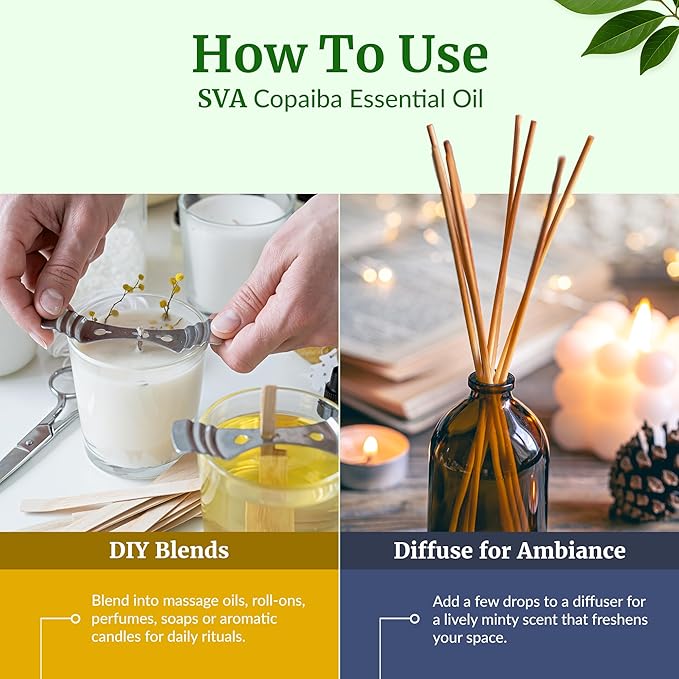 SVA Copaiba Essential Oil – 4 Fl Oz – 100% Natural Copaiba Oil - for Diffuser, Hair Care, Face, Skin Care, Aromatherapy, Scalp and Body Massage, Soap and Candle Making – with Dropper