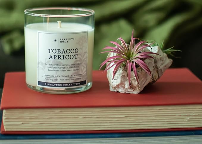 PERIPETI Home Tobacco + Apricot Scented Candle - Classic Wick, 8.5oz Natural Soy Wax for Warm & Fruity Aromatherapy - Long-Lasting Bold Fragrance for Home or Office