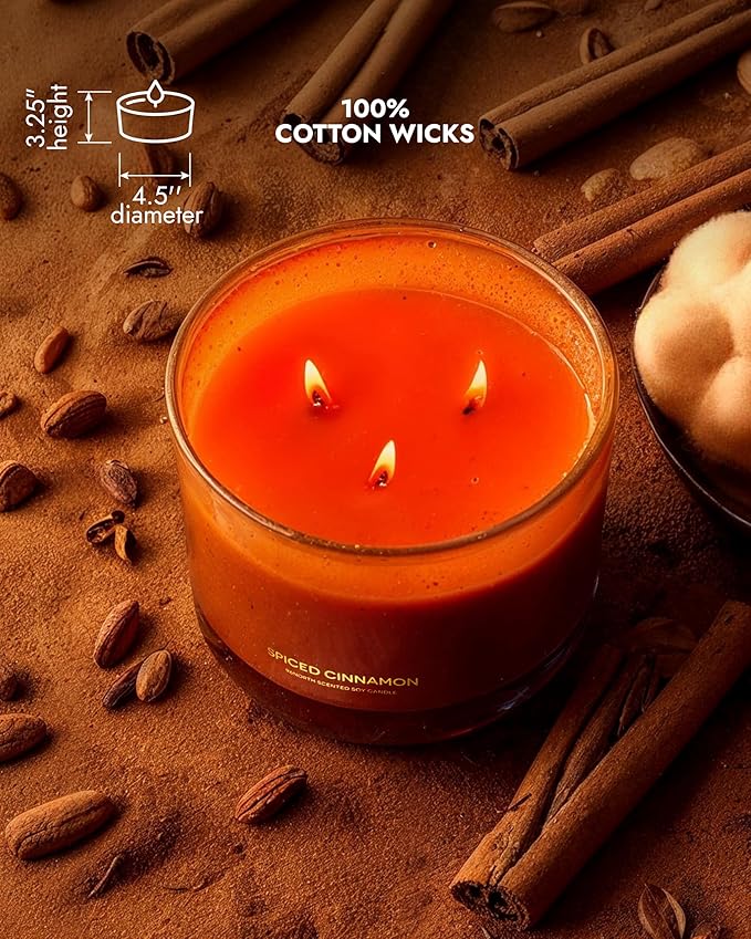 96NORTH Luxury Spiced Cinnamon Candle | Large 3 Wick Jar Candle | Up to 50 Hours Burning Time | 100% Natural Soy Wax | Relaxing Aromatherapy Aesthetic Candles | Housewarming Gift for Men and Women