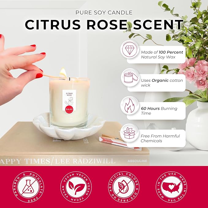 DANI Naturals Soy Candle - Citrus Rose Scented, 100% Pure Soy Wax, Non-Toxic, Long-Lasting, Natural Aromatherapy - 7.5 oz