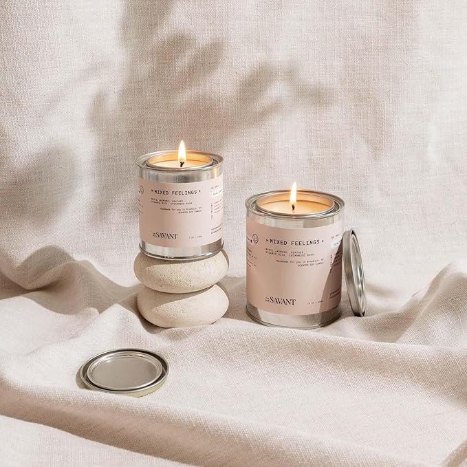 The New Savant Scented Candle - Mixed Feelings - Aesthetic Candle for Home, Pear, Jasmine, Vanilla & Cedarwood, Soy Wax Blend, Vegan & Cruelty-Free, 50-Hour Burn Time - 7oz