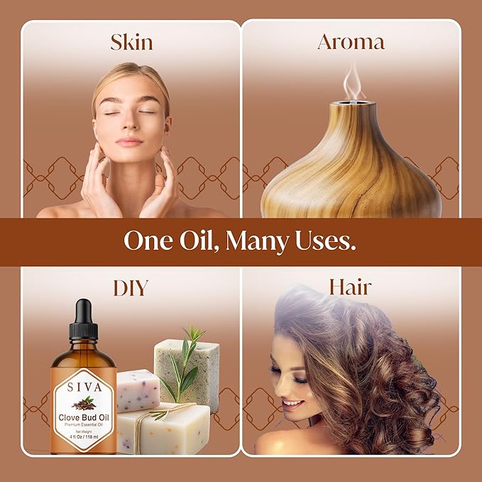 Siva Clove Bud Essential Oil - 4 Fl Oz – 100% Natural Clove Oil - for Diffuser, Face, Skin Care, Aromatherapy, Hair Care, Scalp and Body Massage - with Dropper