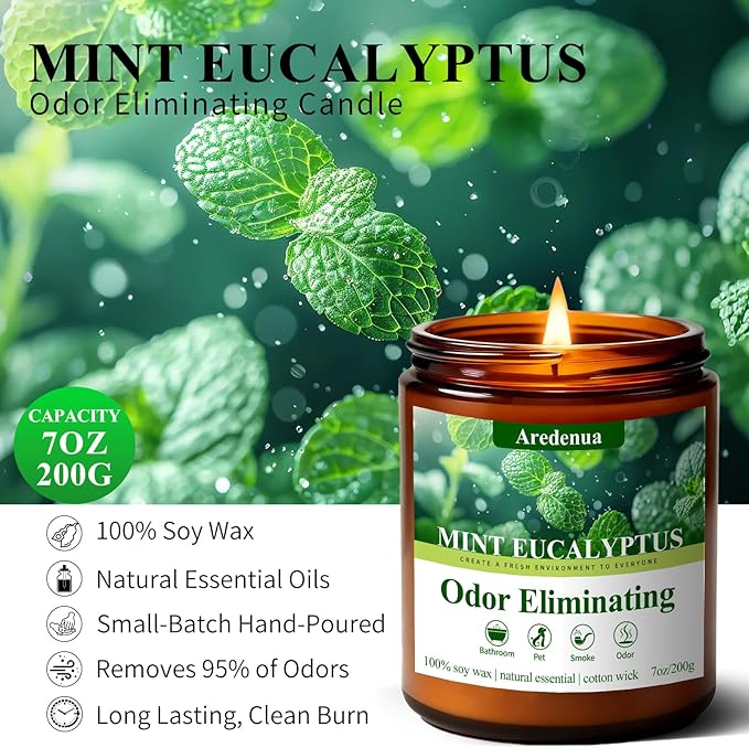 Mint Eucalyptus Odor Eliminating Candles | Eliminates 95% of Pet, Smoke & Bathroom Odors – 7 oz Hand Poured Non-Toxic Soy Candle - Air Freshing Scented Candles - Stress Relief Gifts for Women Men