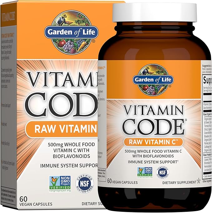 Garden of Life Vitamin Code Raw Vitamin C - 60 Capsules, 500mg Whole Food Vitamin C Capsules + Fruit & Veggie Blend & Probiotics, Supplements for Adults, Vegan, Gluten Free