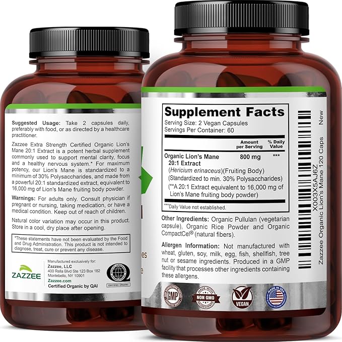 Zazzee USDA Organic Lion's Mane 20:1 Extract, 30% Polysaccharides, 16,000 mg Strength, 120 Vegan Capsules, Nootropic for Brain Health, Focus, Memory, Concentration and Immune Support, Made in The USA