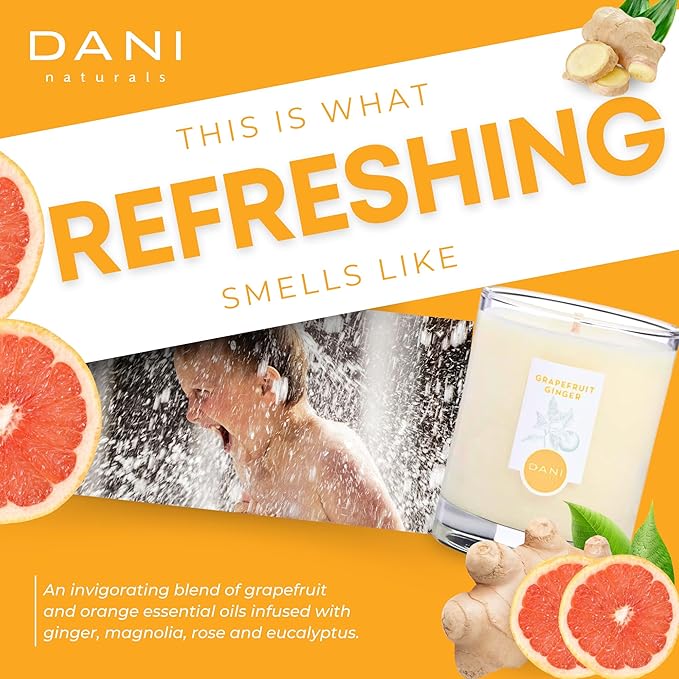 DANI Naturals Soy Candle - Grapefruit Ginger Scented, 100% Pure Soy Wax, Kosher, Non-Toxic, Long-Lasting Burn - 7.5 oz