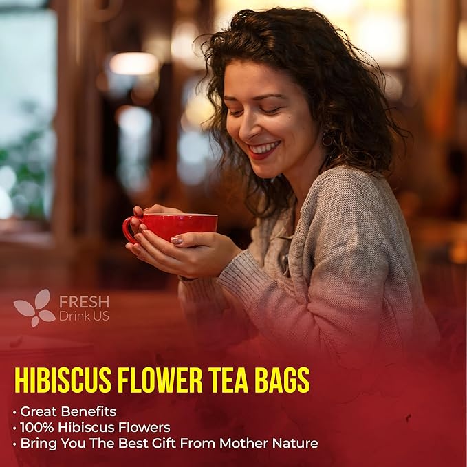 FreshDrinkUS, Premium 140 Hibiscus Flowers Tea Bags, 100% Natural, Handmade & Pure from Hibiscus Flowers. No Sugar/Caffeine/Gluten, Vegan. Tart & Refreshing, Hot or Ice Tea, Great For All Seasons