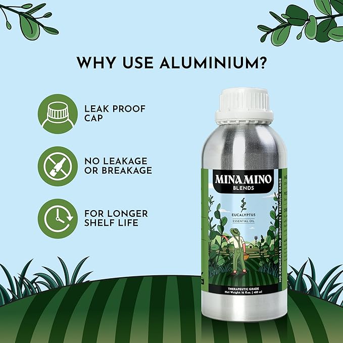 16 fl oz - Eucalyptus Essential Oil (100% Pure & Natural) Large Aluminum Bottle for Aromatherapy, Diffuser, Candle & Soap Making - Minamino Blends