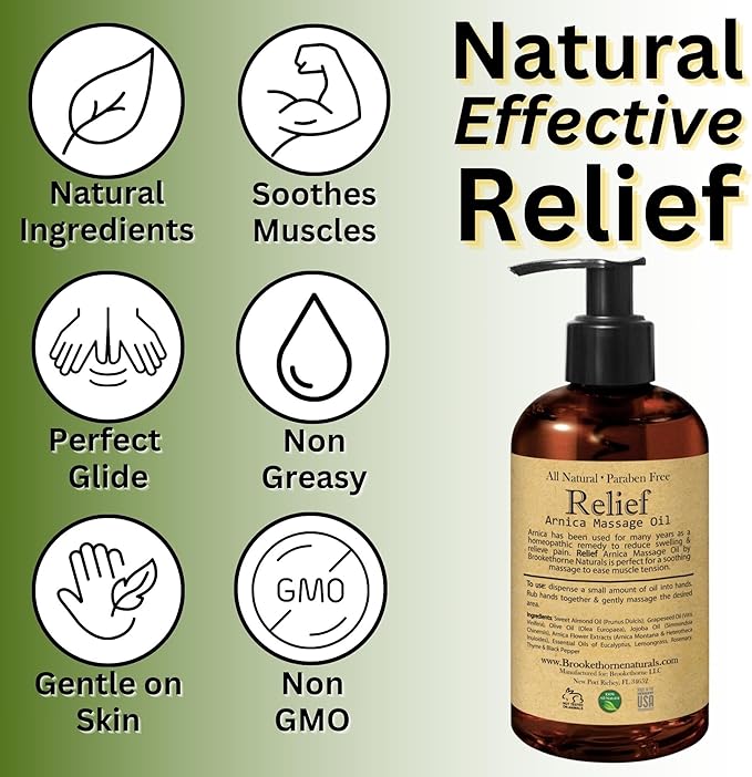 Relief Arnica Massage Oil for Massage Therapy, Home Use & Therapeutic Massaging | Great for Lymphatic Drainage, Sore Muscles & Joints | All Natural with Arnica Montana & Lemongrass Essential Oil