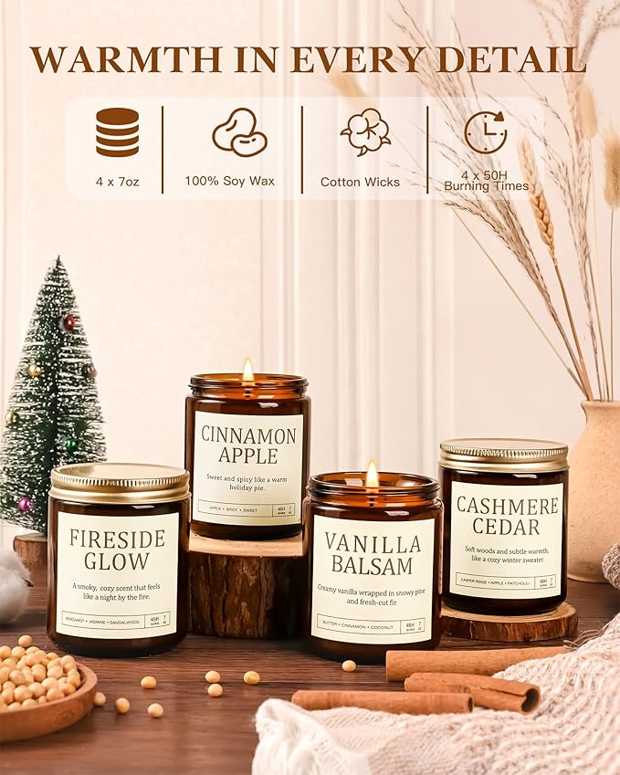 Christmas Candles Gift Set for Women - 4 Pack Scented Soy Candles with Cashmere Cedar, Fireside Glow, Cinnamon Apple & Vanilla Balsam, Long Lasting Holiday Winter Gifts for Home