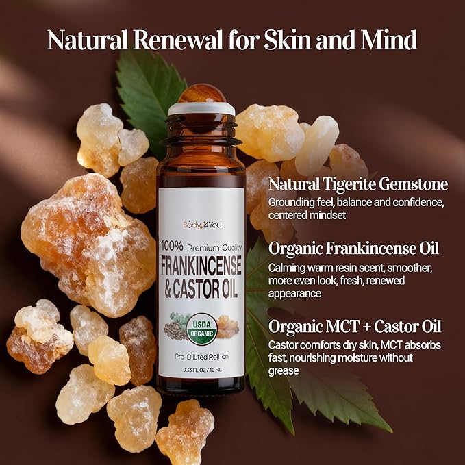 BodyJ4You Frankincense Essential Oil Roll On - Pure 100% USDA Organic Castor Oil + MCT Coconut Oil - Natural Tigerite Stone Roller - Skin Care Calm Breathwork - Amber Glass Bottle Rollerball (10ml)