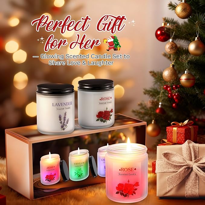 Valentine's Day Glowing Scented Candles with Sensor Light, Aromatherapy Candles Gifts for Women, Rose Vanilla Lavender Candle, Natural Soy Candle for Home Scented, Women Valentine Gift